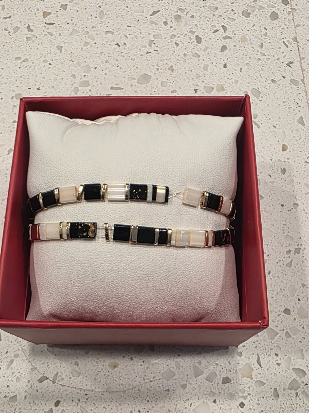 Gold-Accent Black and Cream Tile-Link Women's Bracelet Set